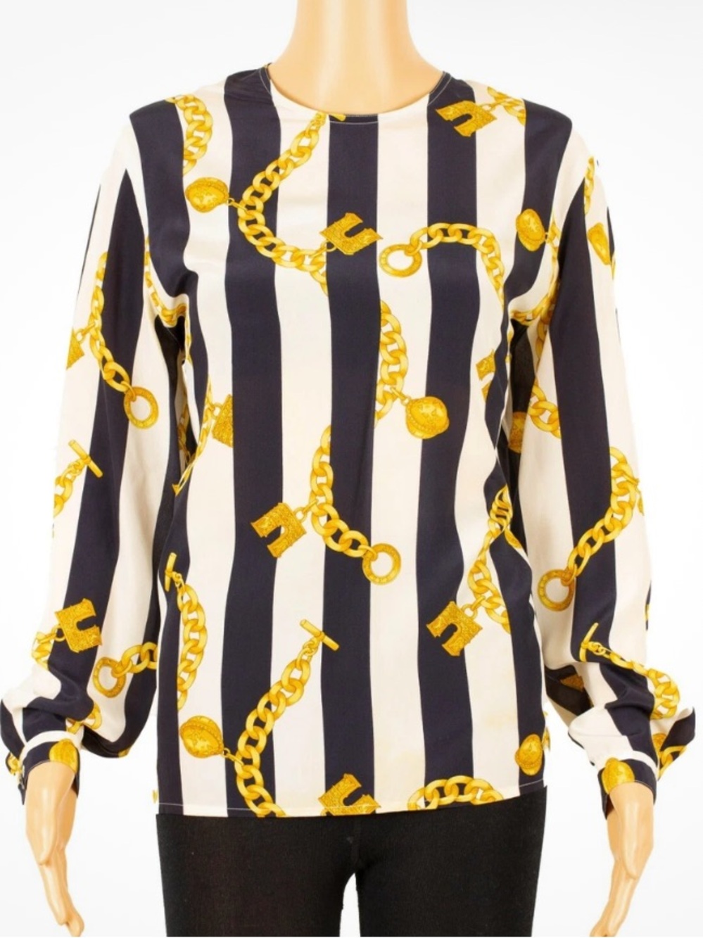 Celine Striped Blouse with Gold Chain Motif — Black & Cream